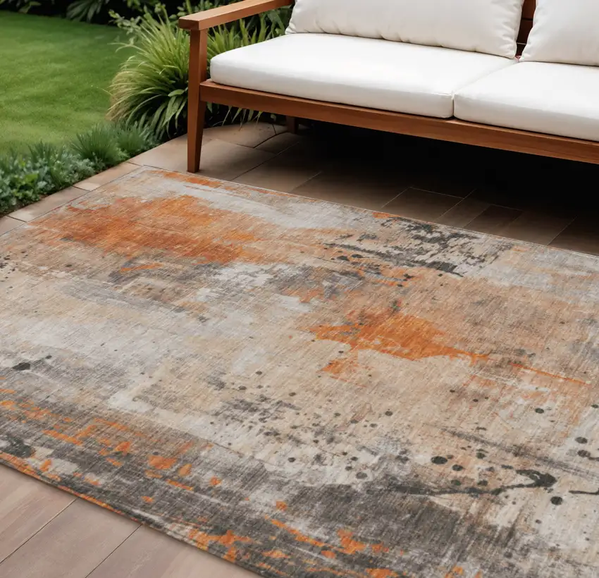 Orange And Gray Abstract Washable Indoor Outdoor Area Rug Photo 2