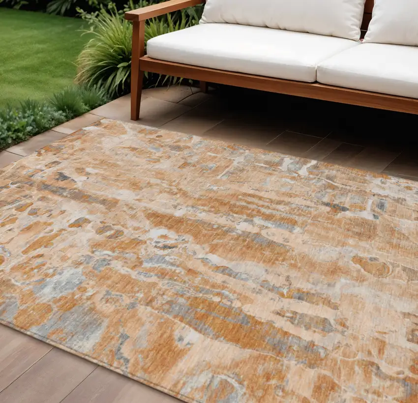 Orange And Gray Abstract Washable Indoor Outdoor Area Rug Photo 1