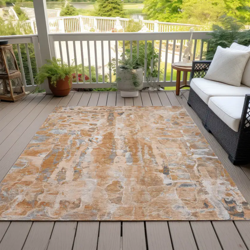 Orange And Gray Abstract Washable Indoor Outdoor Area Rug Photo 9