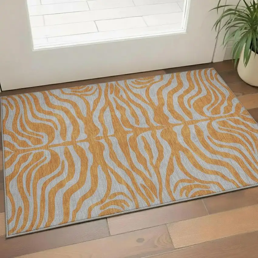 Orange And Gray Animal Print Washable Area Rug With UV Protection Photo 2