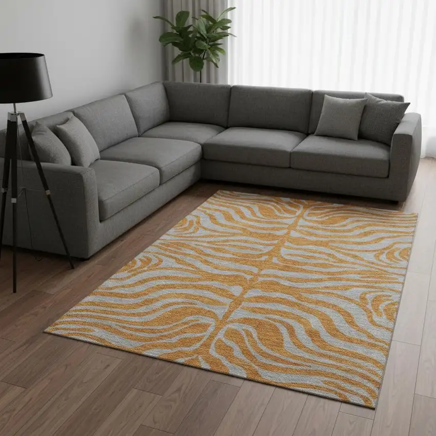 Orange And Gray Animal Print Washable Area Rug With UV Protection Photo 2