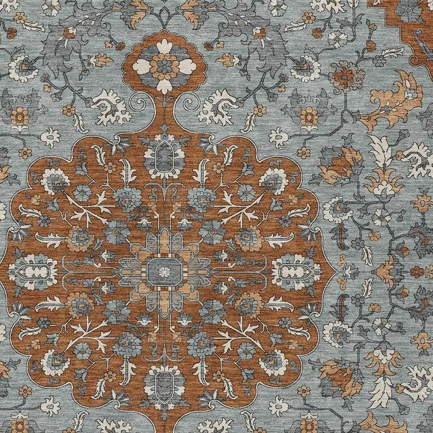 Orange And Gray Floral Medallion Washable Indoor Outdoor Area Rug Photo 2