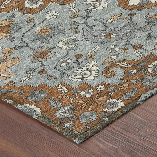 Orange And Gray Floral Medallion Washable Indoor Outdoor Area Rug Photo 8