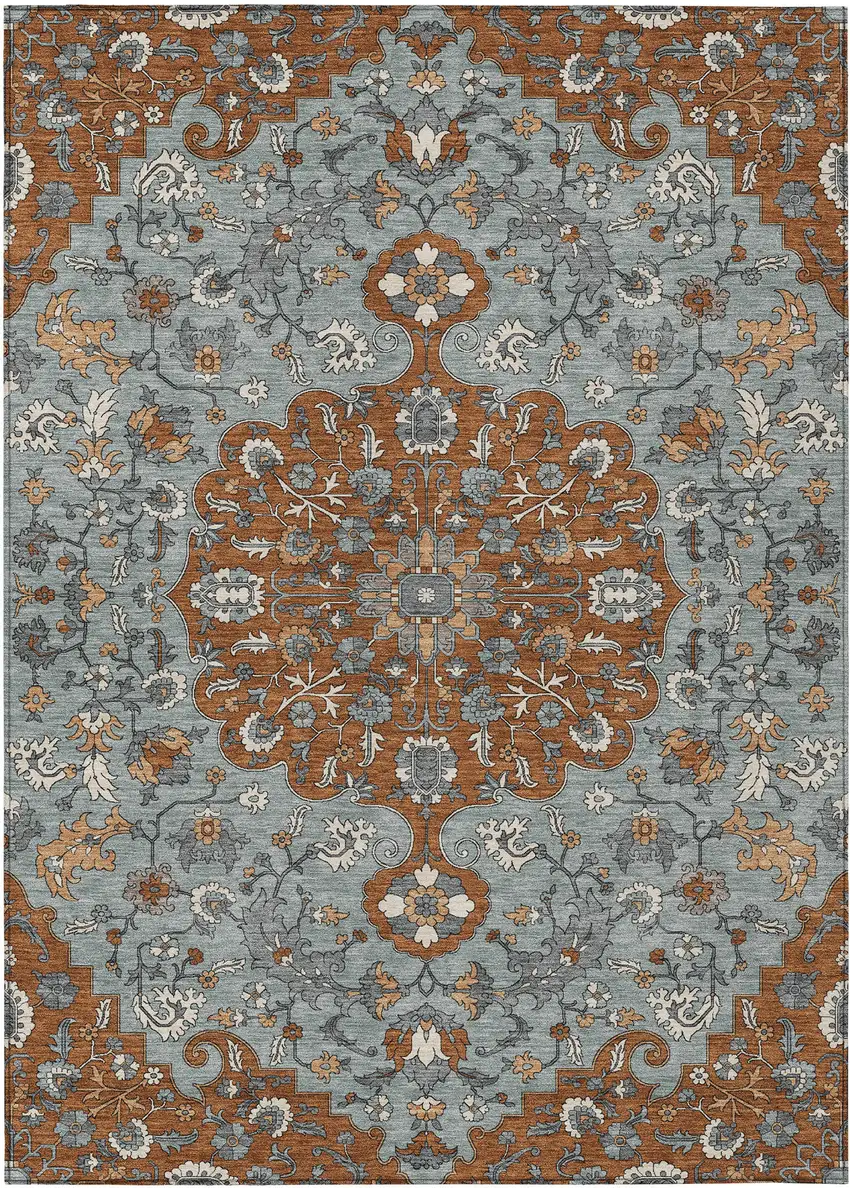 Orange And Gray Floral Medallion Washable Indoor Outdoor Area Rug Photo 1
