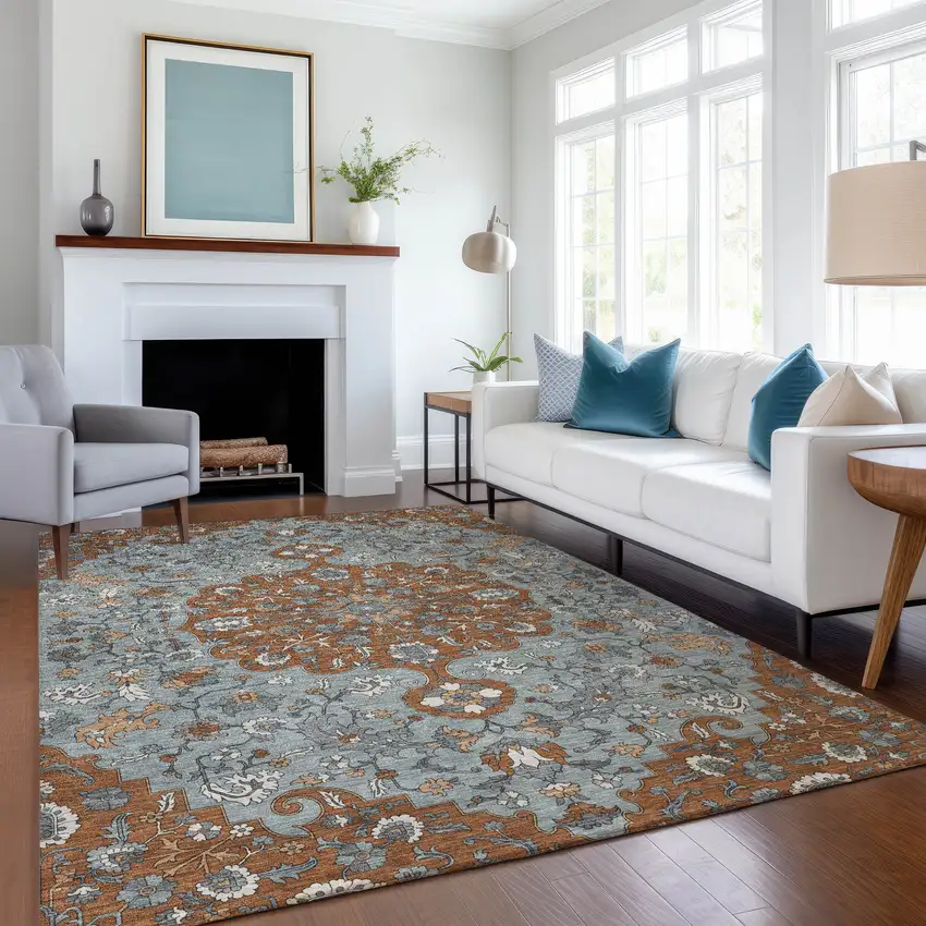 Orange And Gray Floral Medallion Washable Indoor Outdoor Area Rug Photo 6