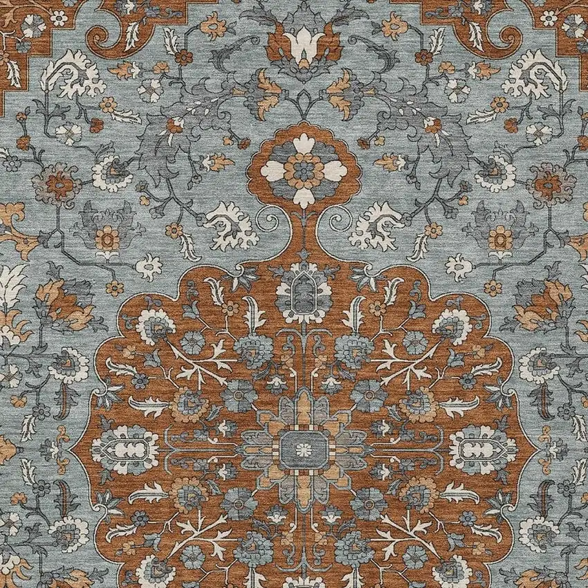 Orange And Gray Floral Medallion Washable Indoor Outdoor Area Rug Photo 2