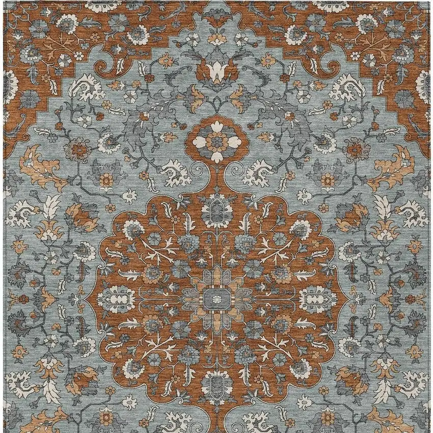 Orange And Gray Floral Medallion Washable Indoor Outdoor Area Rug Photo 3