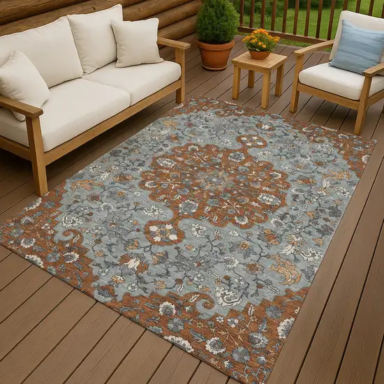 Orange And Gray Floral Medallion Washable Indoor Outdoor Area Rug Photo 4