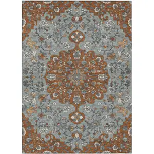 Photo of Orange And Gray Floral Medallion Washable Indoor Outdoor Area Rug