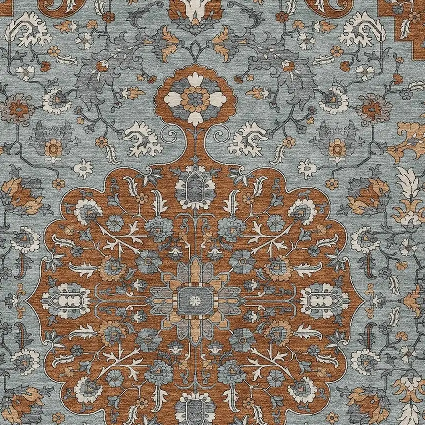 Orange And Gray Floral Medallion Washable Indoor Outdoor Area Rug Photo 2