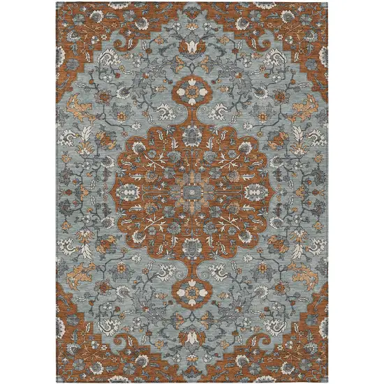 Orange And Gray Floral Medallion Washable Indoor Outdoor Area Rug Photo 1