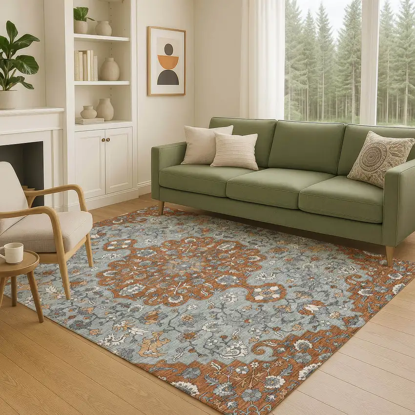 Orange And Gray Floral Medallion Washable Indoor Outdoor Area Rug Photo 5