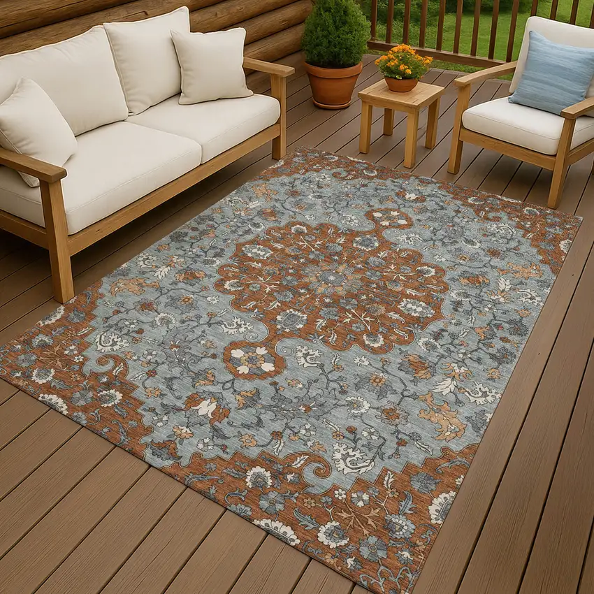 Orange And Gray Floral Medallion Washable Indoor Outdoor Area Rug Photo 4
