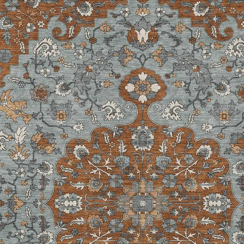 Orange And Gray Floral Medallion Washable Indoor Outdoor Area Rug Photo 2