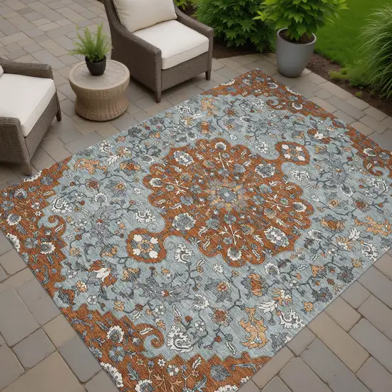 Orange And Gray Floral Medallion Washable Indoor Outdoor Area Rug Photo 7