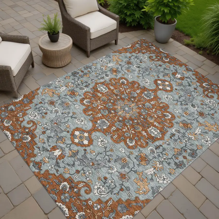 Orange And Gray Floral Medallion Washable Indoor Outdoor Area Rug Photo 7