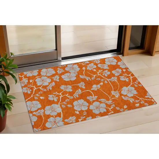 Orange And Gray Floral Washable Indoor Outdoor Area Rug Photo 1