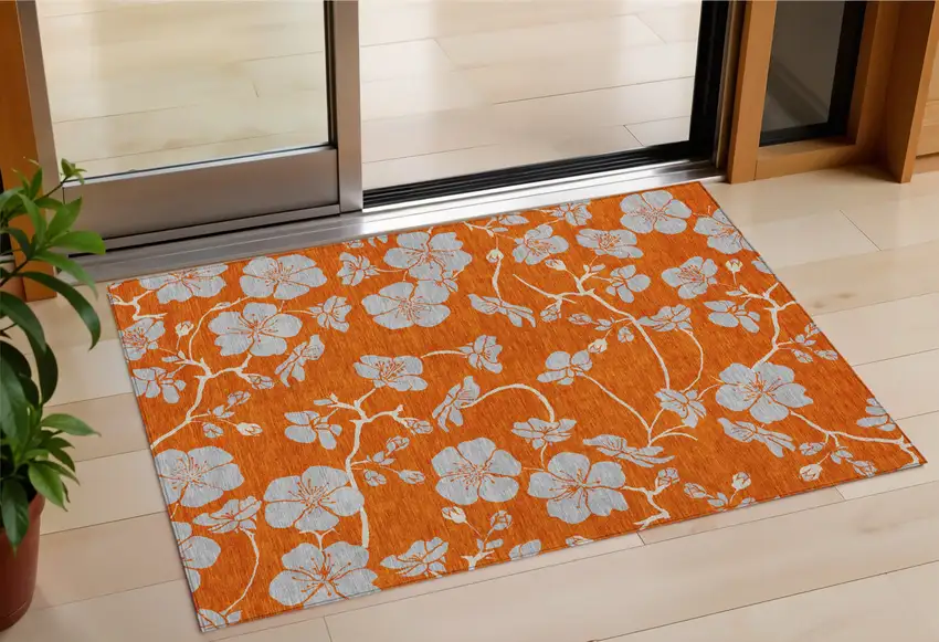 Orange And Gray Floral Washable Indoor Outdoor Area Rug Photo 1