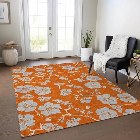 Orange And Gray Floral Washable Indoor Outdoor Area Rug Photo 9