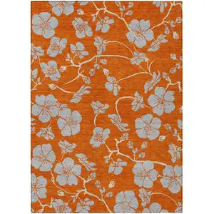 Photo of Orange And Gray Floral Washable Indoor Outdoor Area Rug