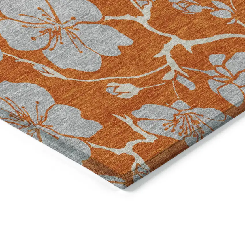 Orange And Gray Floral Washable Indoor Outdoor Area Rug Photo 3