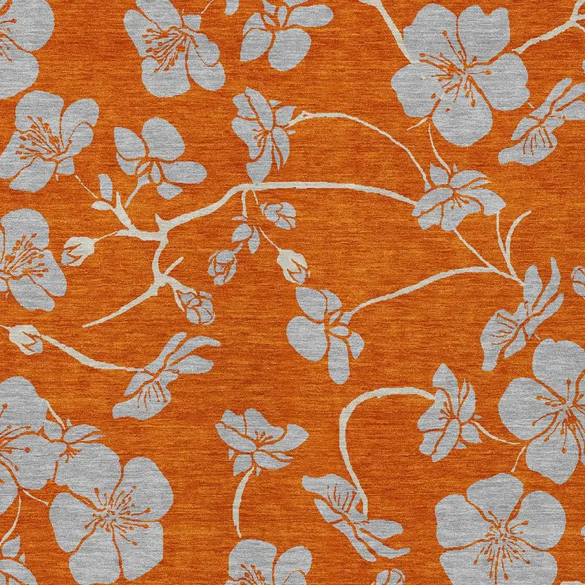 Orange And Gray Floral Washable Indoor Outdoor Area Rug Photo 7