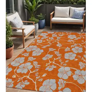Photo of Orange And Gray Floral Washable Indoor Outdoor Area Rug