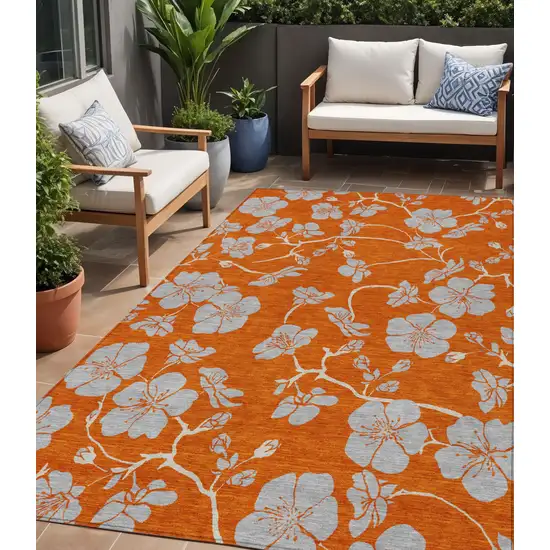 Orange And Gray Floral Washable Indoor Outdoor Area Rug Photo 1