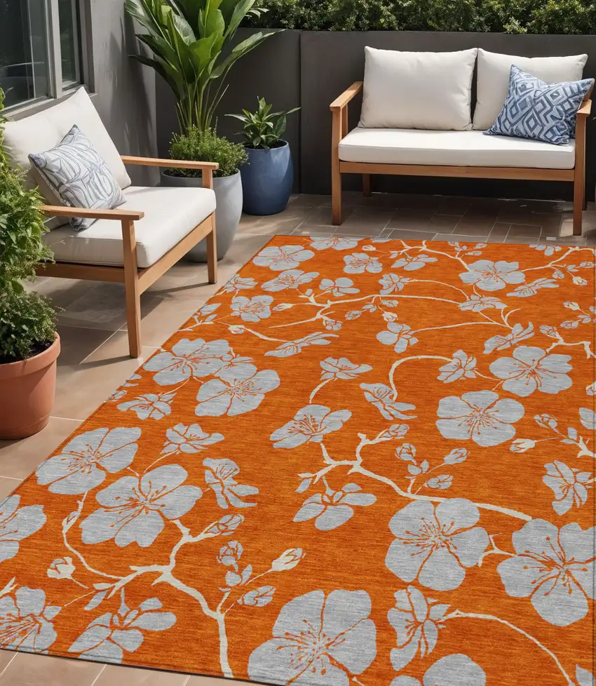 Orange And Gray Floral Washable Indoor Outdoor Area Rug Photo 1
