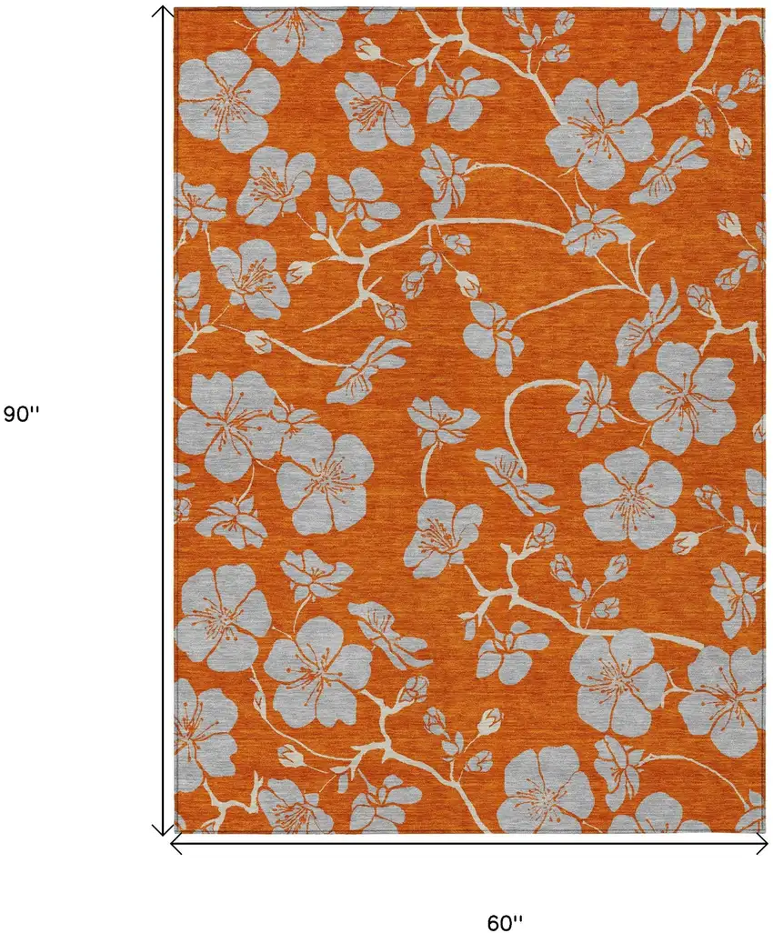 Orange And Gray Floral Washable Indoor Outdoor Area Rug Photo 3