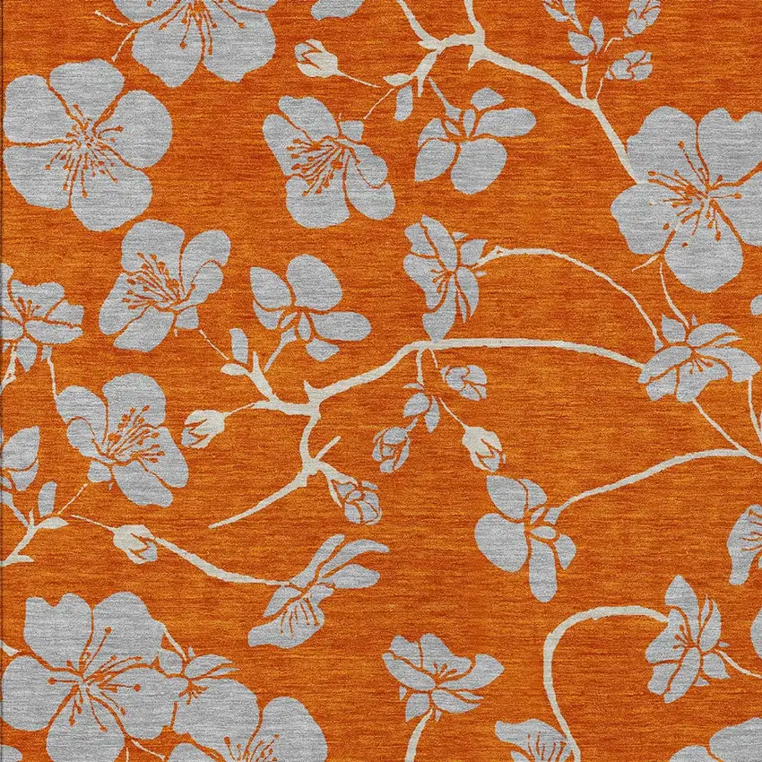 Orange And Gray Floral Washable Indoor Outdoor Area Rug Photo 7