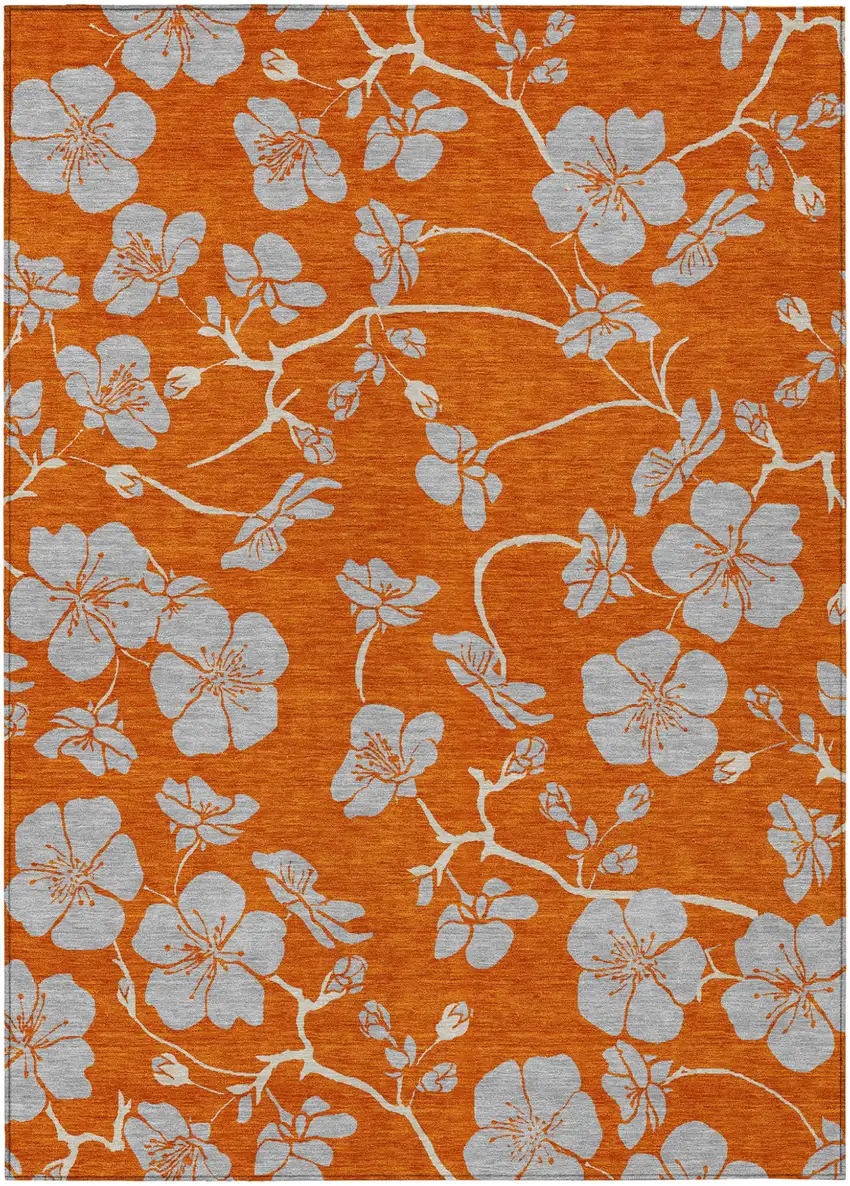 Orange And Gray Floral Washable Indoor Outdoor Area Rug Photo 2