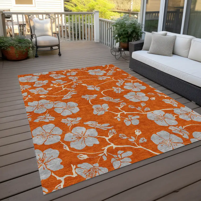 Orange And Gray Floral Washable Indoor Outdoor Area Rug Photo 9