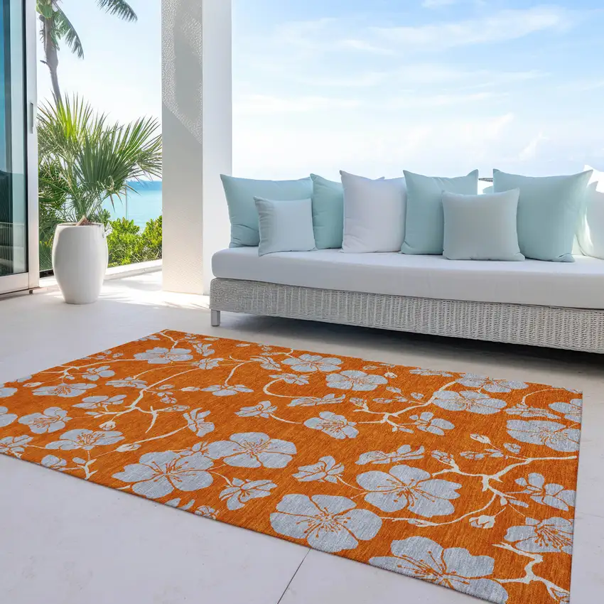 Orange And Gray Floral Washable Indoor Outdoor Area Rug Photo 9