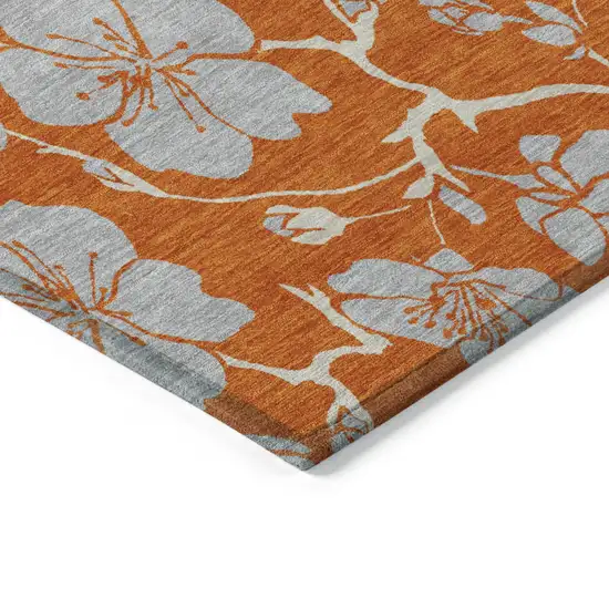 Orange And Gray Floral Washable Indoor Outdoor Area Rug Photo 5