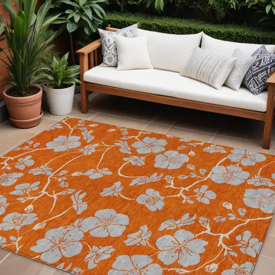Orange And Gray Floral Washable Indoor Outdoor Area Rug Photo 1