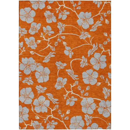 Orange And Gray Floral Washable Indoor Outdoor Area Rug Photo 2