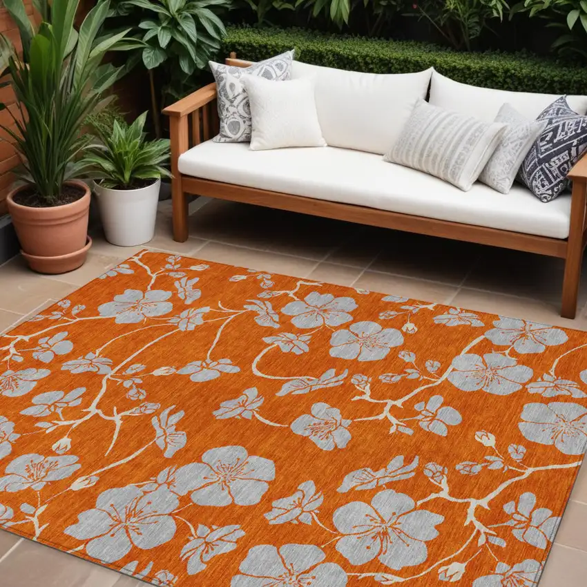 Orange And Gray Floral Washable Indoor Outdoor Area Rug Photo 1