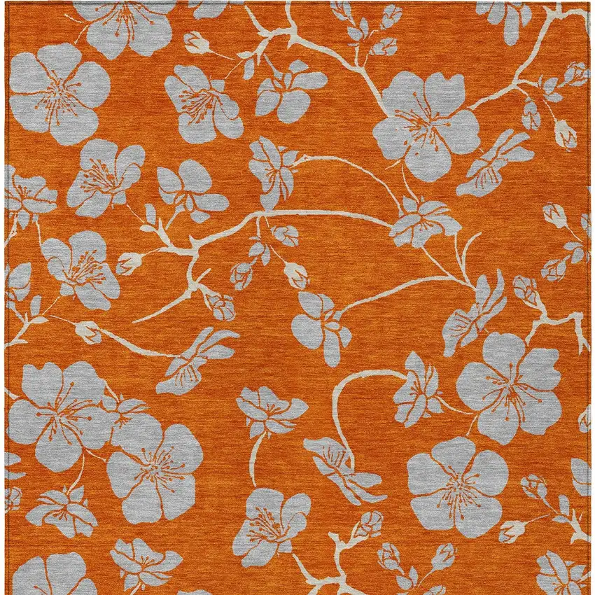 Orange And Gray Floral Washable Indoor Outdoor Area Rug Photo 7