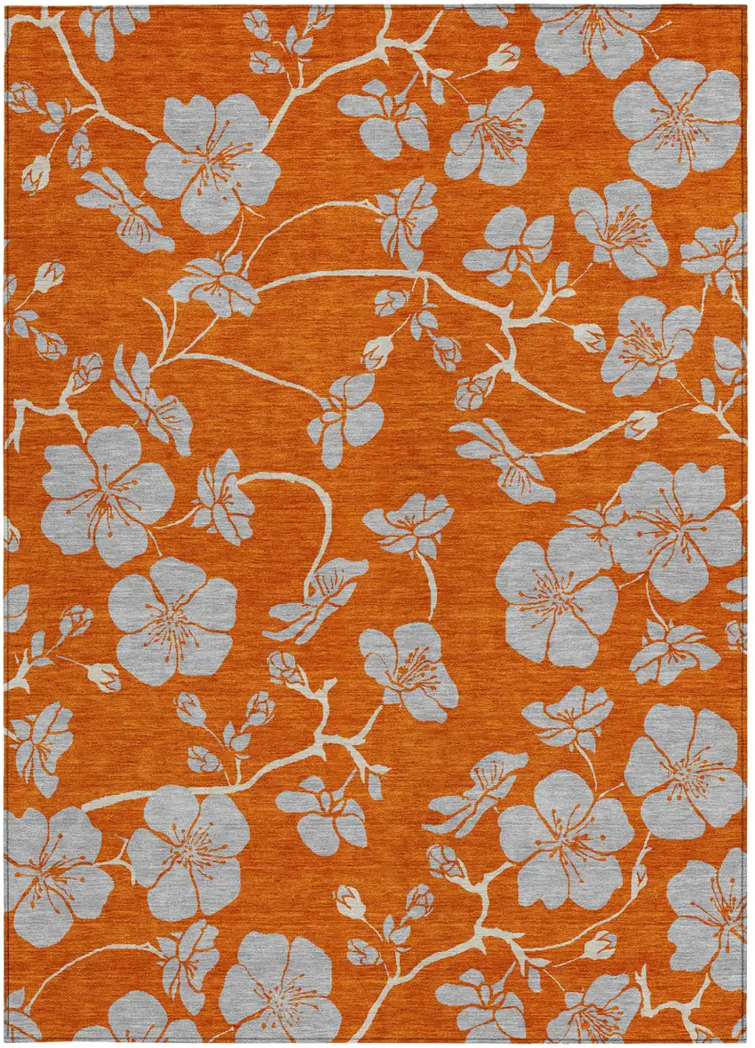 Orange And Gray Floral Washable Indoor Outdoor Area Rug Photo 8
