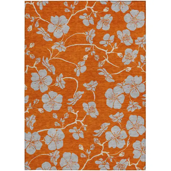Orange And Gray Floral Washable Indoor Outdoor Area Rug Photo 8