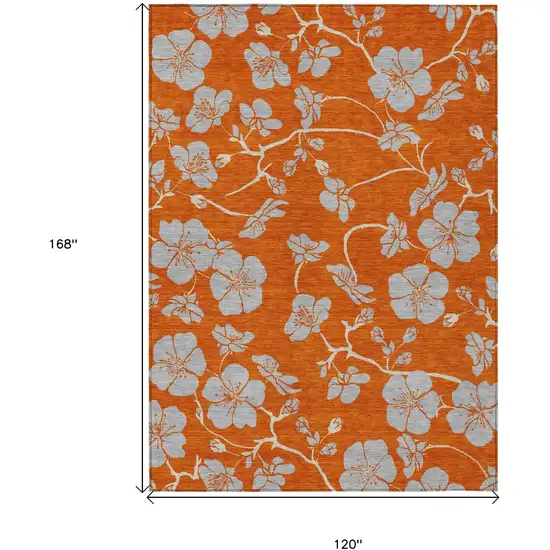 Orange And Gray Floral Washable Indoor Outdoor Area Rug Photo 3
