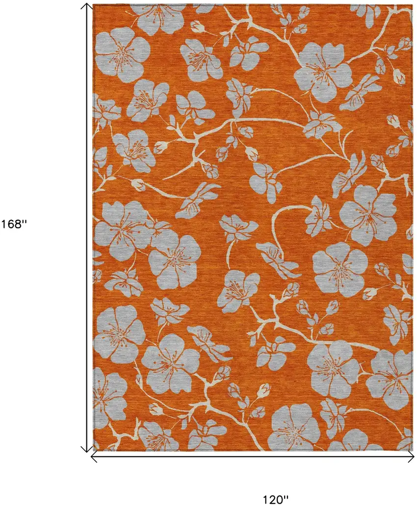 Orange And Gray Floral Washable Indoor Outdoor Area Rug Photo 3