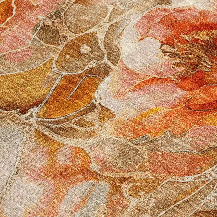 Orange And Gray Floral Washable Indoor Outdoor Area Rug Photo 3