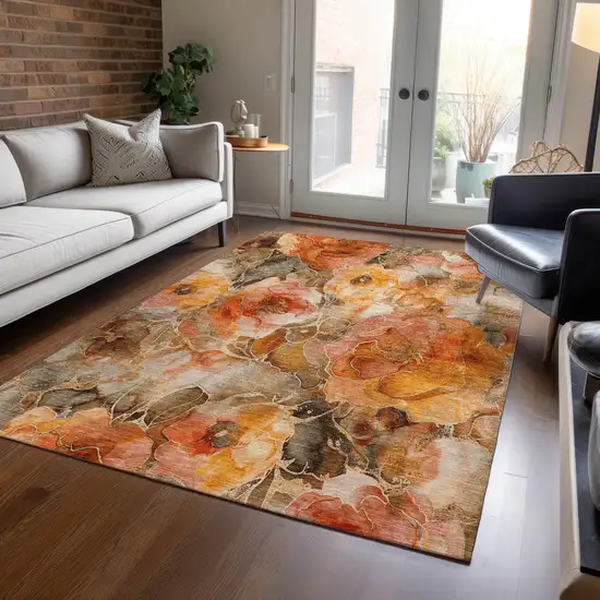Orange And Gray Floral Washable Indoor Outdoor Area Rug Photo 6