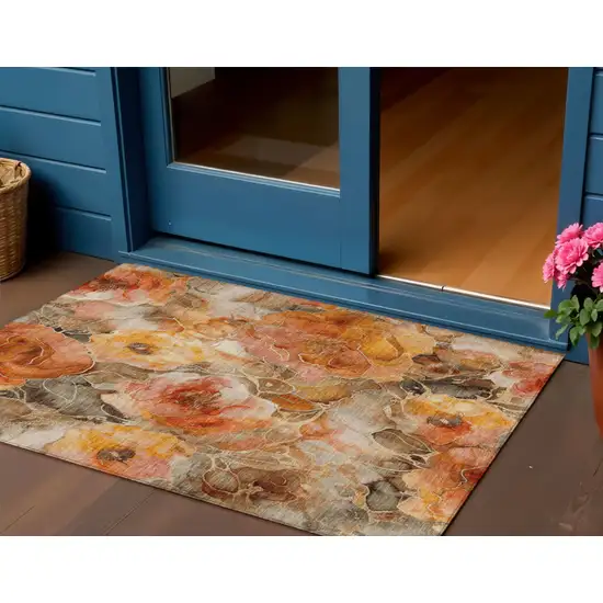 Orange And Gray Floral Washable Indoor Outdoor Area Rug Photo 2