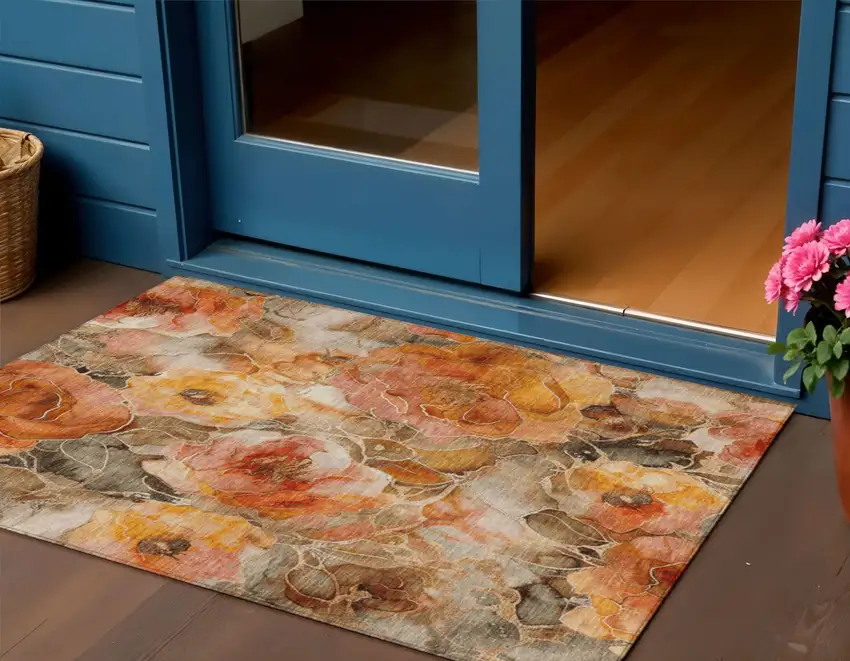 Orange And Gray Floral Washable Indoor Outdoor Area Rug Photo 2