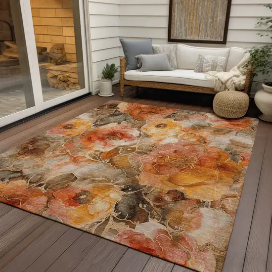 Orange And Gray Floral Washable Indoor Outdoor Area Rug Photo 5