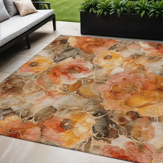 Orange And Gray Floral Washable Indoor Outdoor Area Rug Photo 2
