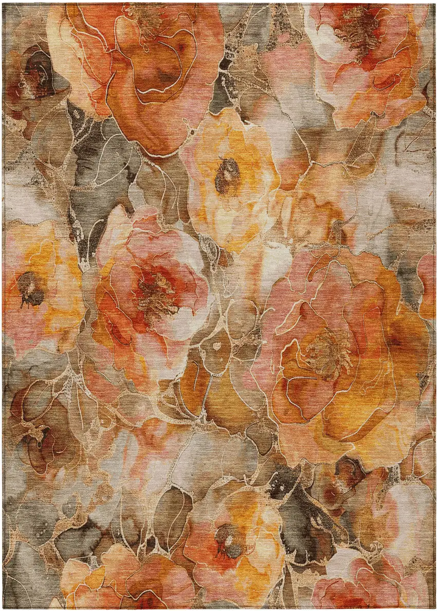 Orange And Gray Floral Washable Indoor Outdoor Area Rug Photo 9